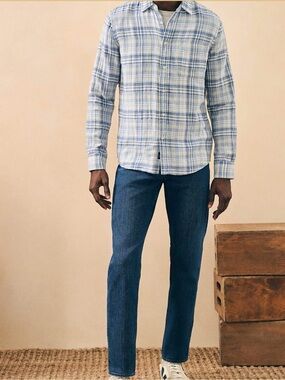 Faherty Doublecloth Shirt Ocean Glacier Plaid Size Small Mens Blue Long Sleeve